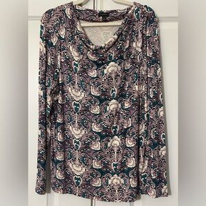 Vibrant Talbots Cowl Neck women’s Blouse Beautiful Paisley Floral Design Size XL